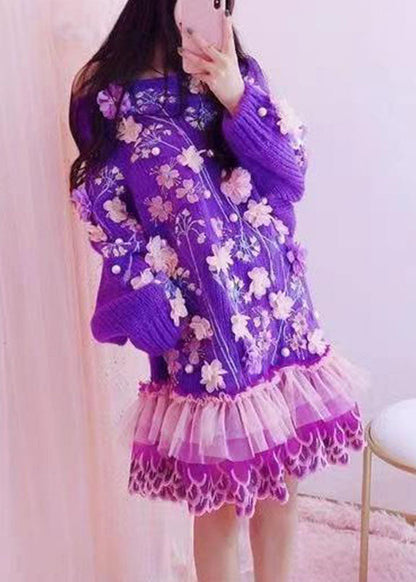 Handmade Purple O-neck Embroidered Tulle Patchwork Knit Mid Dresses Fall