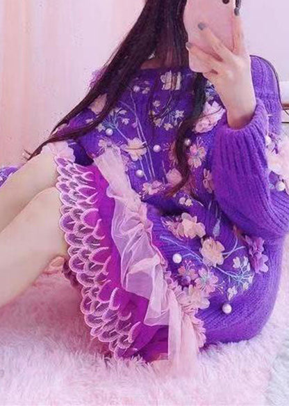 Handmade Purple O-neck Embroidered Tulle Patchwork Knit Mid Dresses Fall