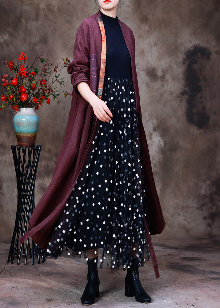 Handmade Purple V Neck Embroideried Patchwork Tie Waist Linen Cardigans Half Sleeve