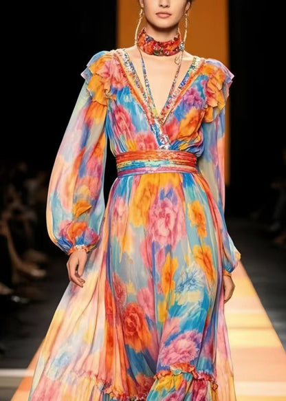 Handmade Rainbow Print Chiffon Vacation Dresses Summer
