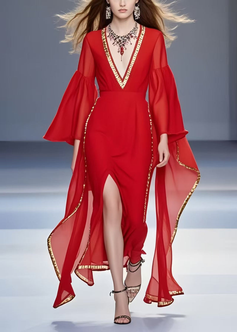 Handmade Red Asymmetrical Side Open Chiffon Holiday Dress Flare Sleeve