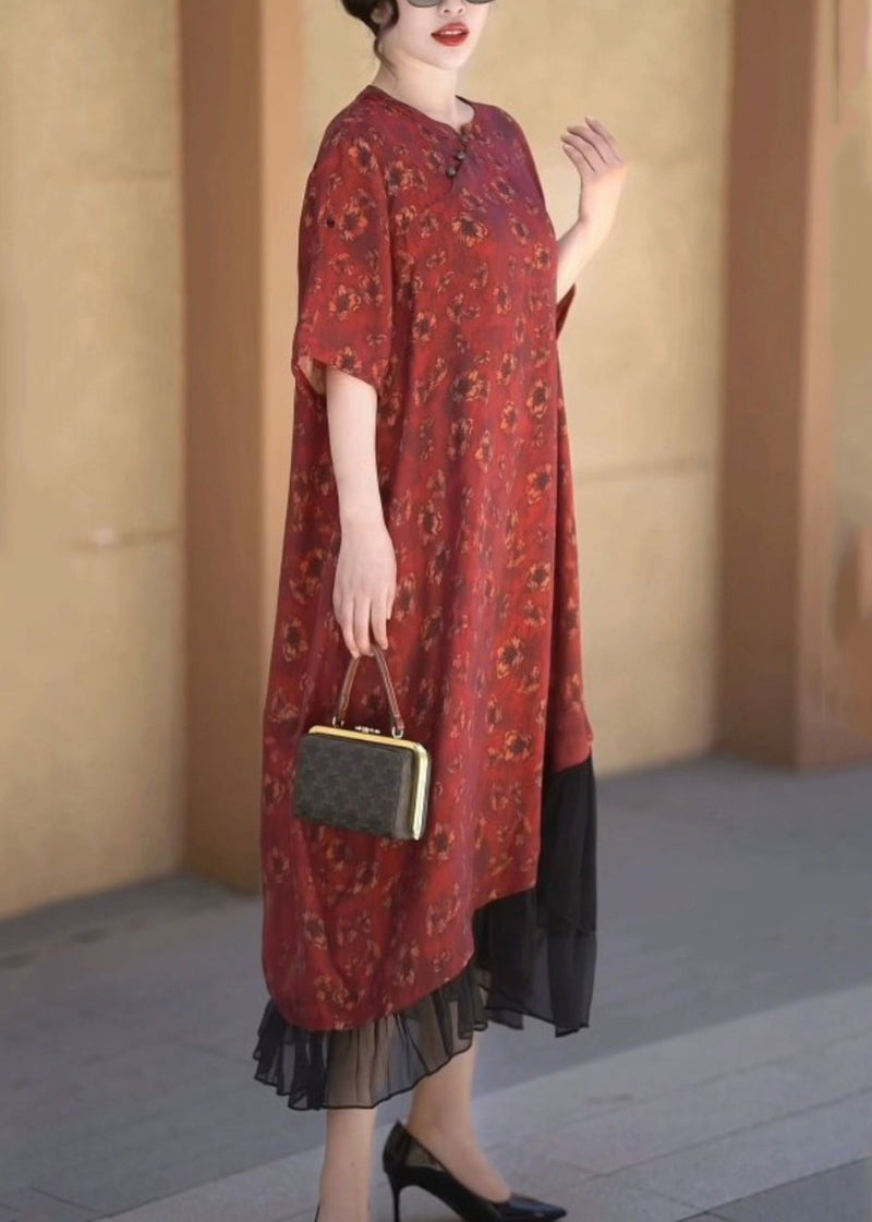 Handmade Red O-neck Asymmetrical Patchwork Silk Linen Long Dress Half Sleeve