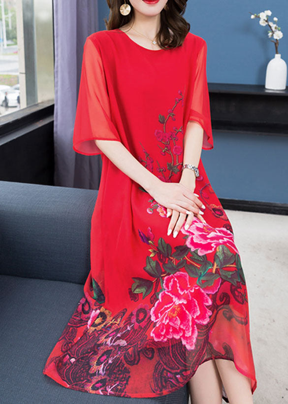Handmade Red O Neck Patchwork Chiffon Dress Summer
