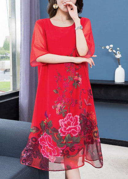 Handmade Red O Neck Patchwork Chiffon Dress Summer