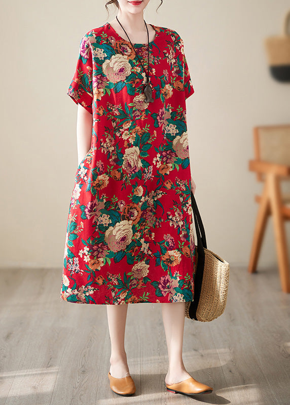 Handmade Red O-neck Print Cotton Long Dress Short Sleeve