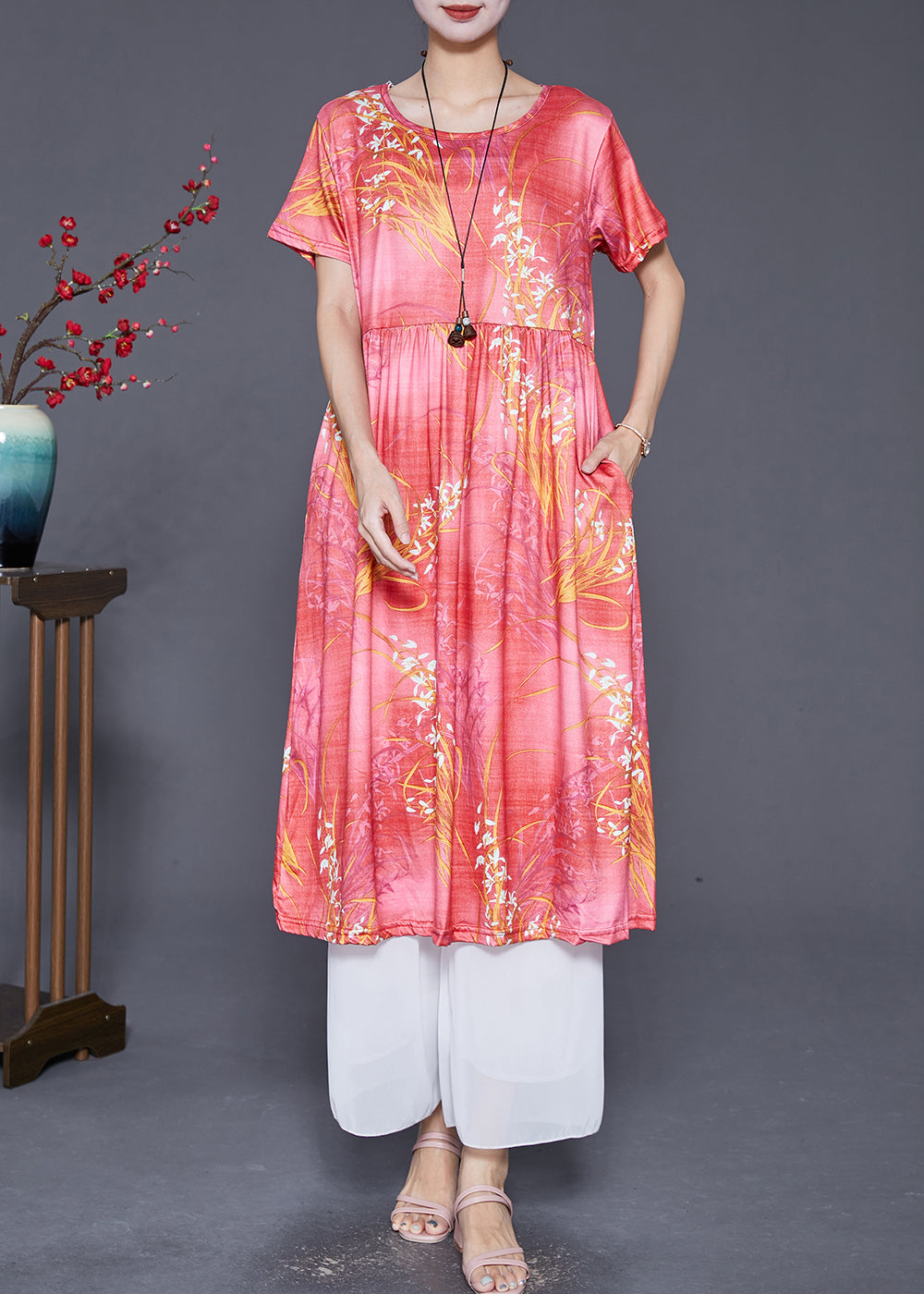 Handmade Red O-neck Print Cotton Maxi Dresses Summer