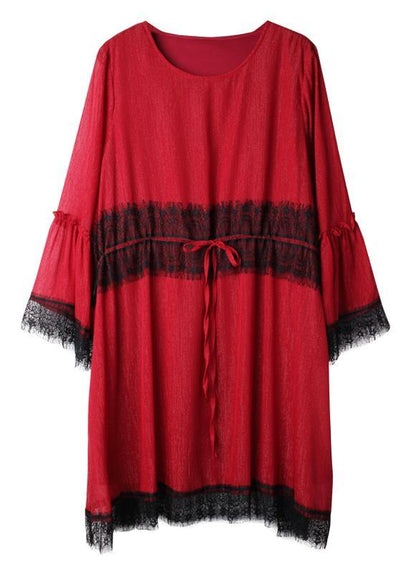 Handmade Red Patchwork Chiffon Flare Sleeve Summer Mini Dresses