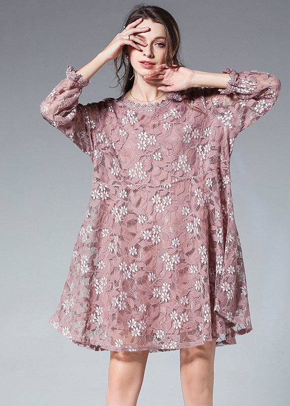 Handmade Red Patchwork O-neck Fall Lace Dress