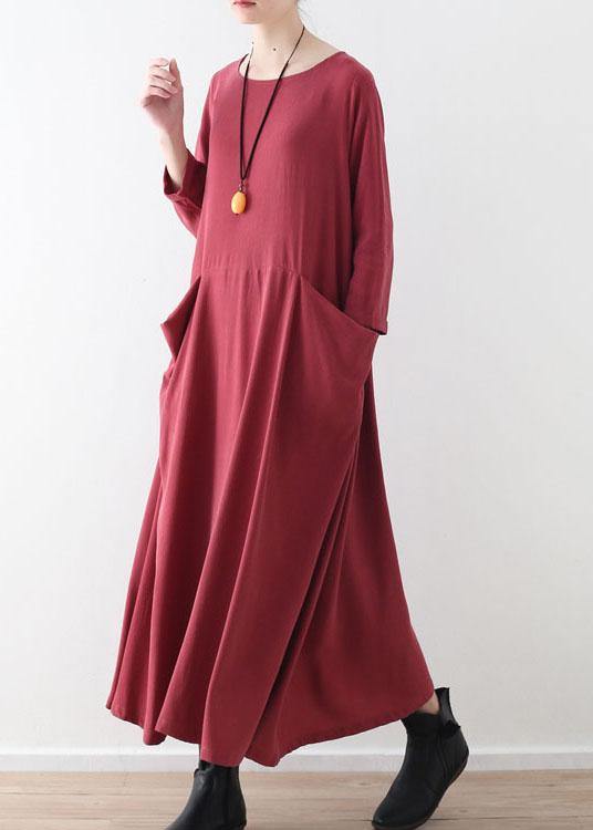 Handmade Red Pockets Long Sleeve Loose Dress Fall