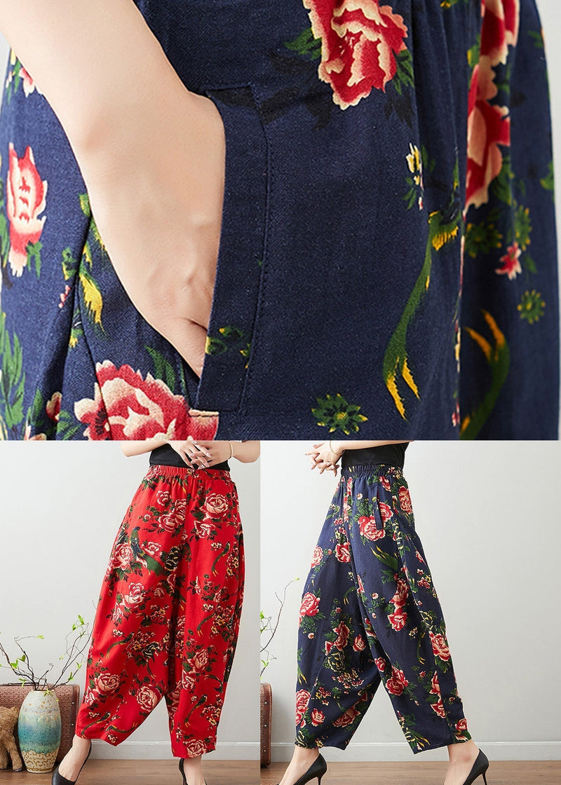 Handmade Red Print Cozy Waist Wide Pants