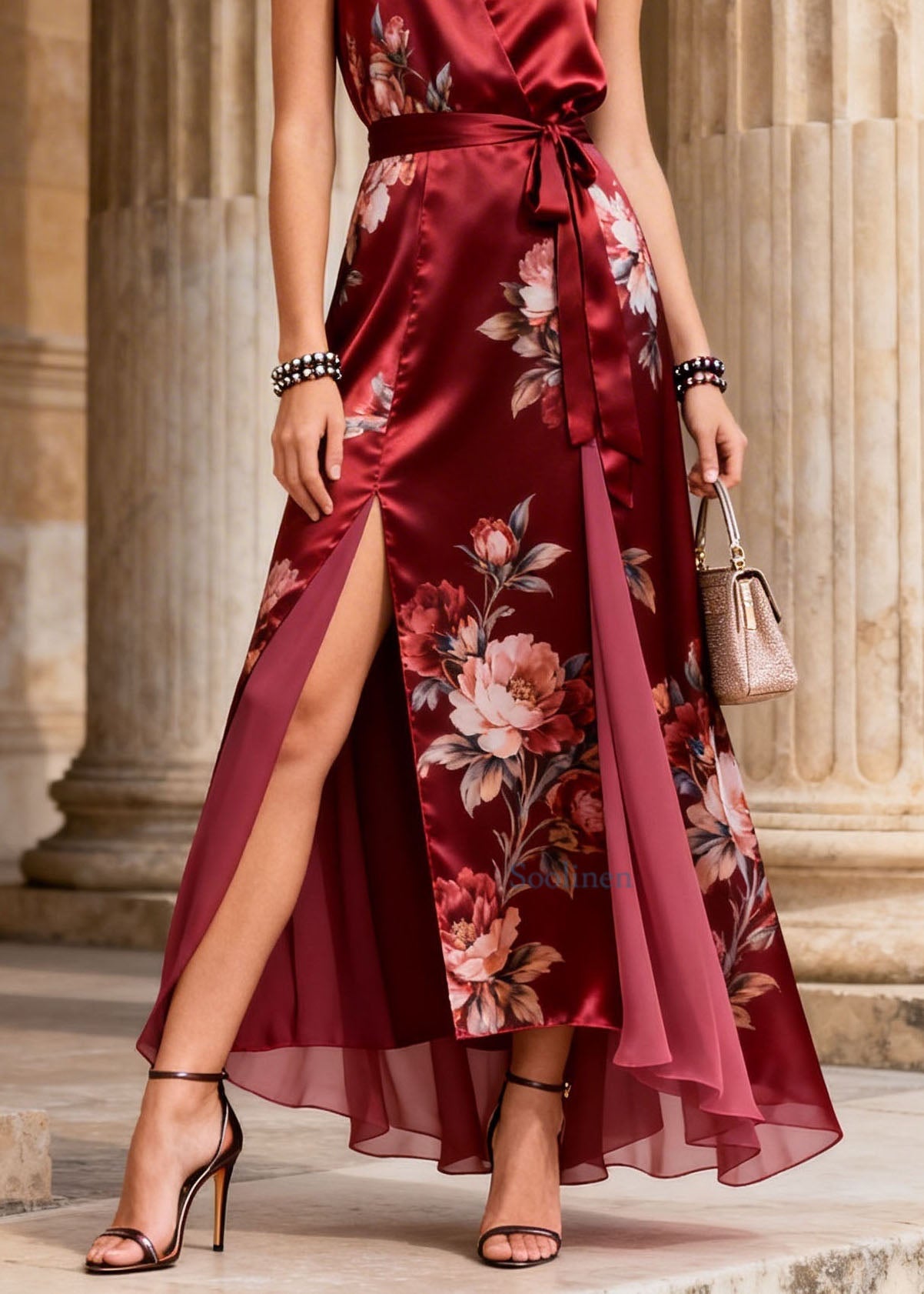 Handmade Red Print Side Open Lace Up Silk Dress Summer