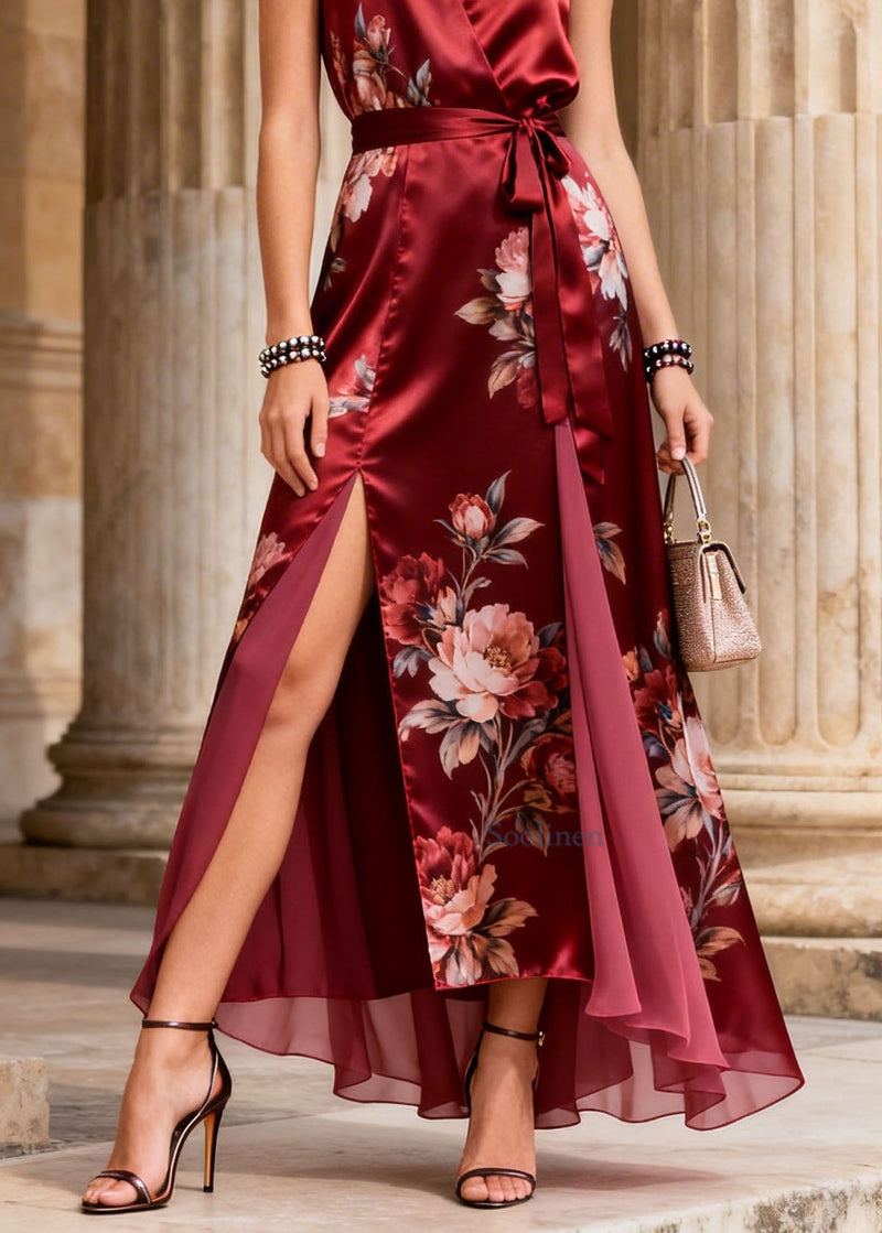 Handmade Red Print Side Open Lace Up Silk Dress Summer