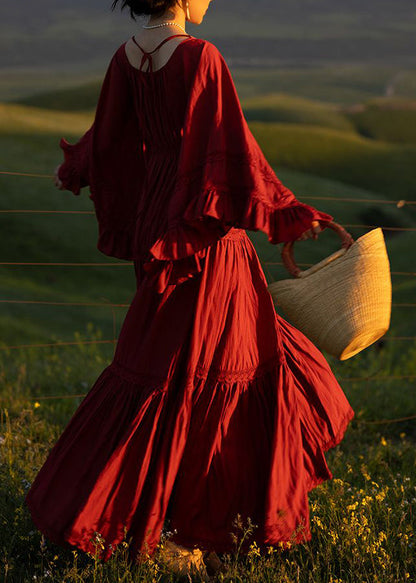 Handmade Red Square Collar Patchwork Maxi Dresses Flare Sleeve