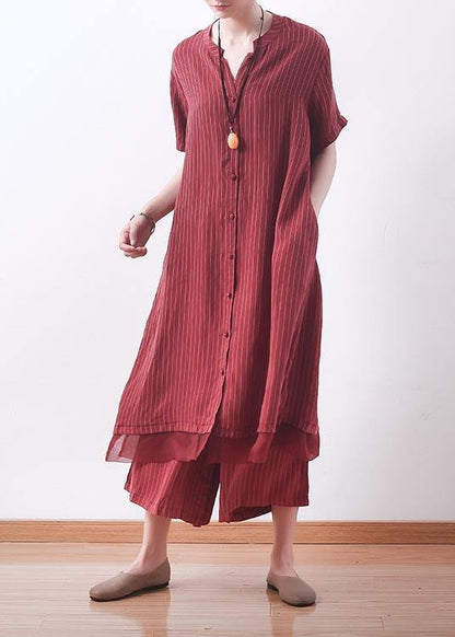 Handmade Red Striped Silk Patchwork 2 Piece Outfit Summer