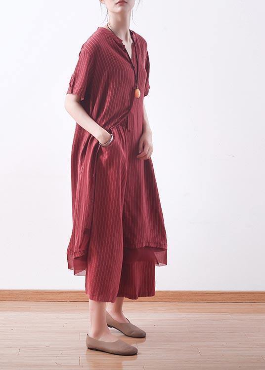 Handmade Red Striped Silk Patchwork 2 Piece Outfit Summer