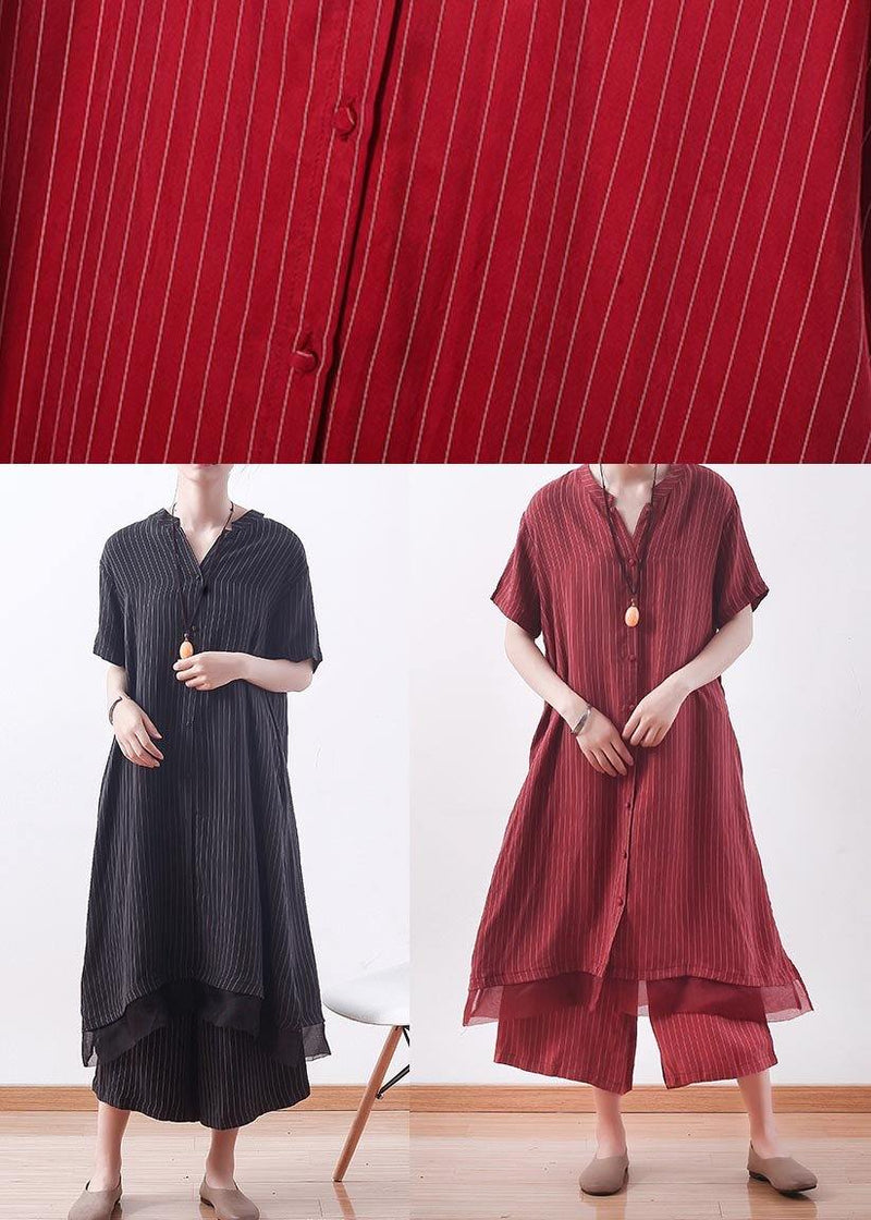 Handmade Red Striped Silk Patchwork 2 Piece Outfit Summer