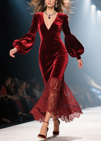 Handmade Red V Neck Lace Patchwork Velvet Dresses Spring