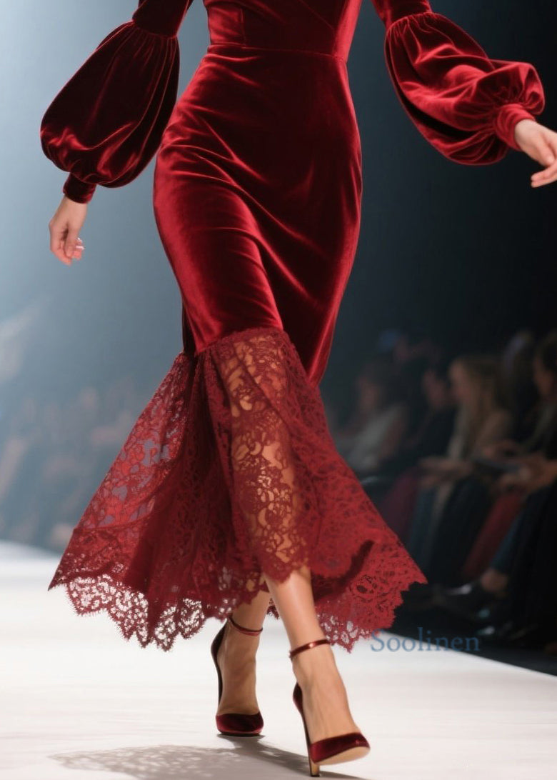 Handmade Red V Neck Lace Patchwork Velvet Dresses Spring