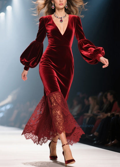 Handmade Red V Neck Lace Patchwork Velvet Dresses Spring