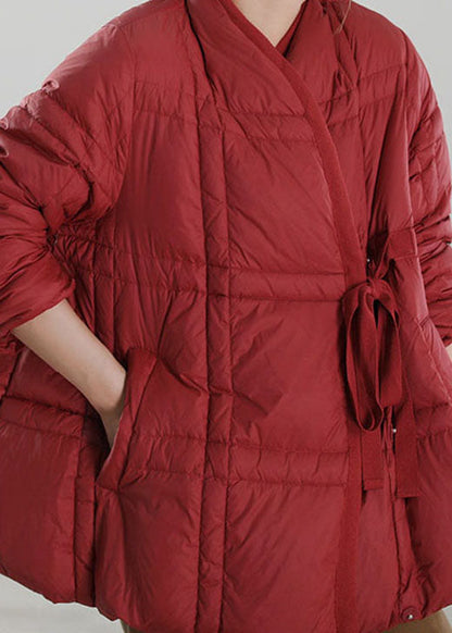 Handmade Red V Neck Tie Waist Duck Down Down Coat Winter