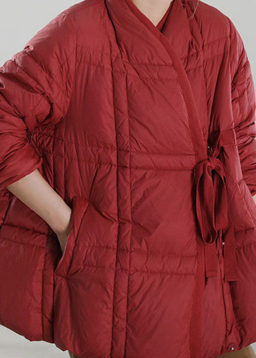 Handmade Red V Neck Tie Waist Duck Down Down Coat Winter