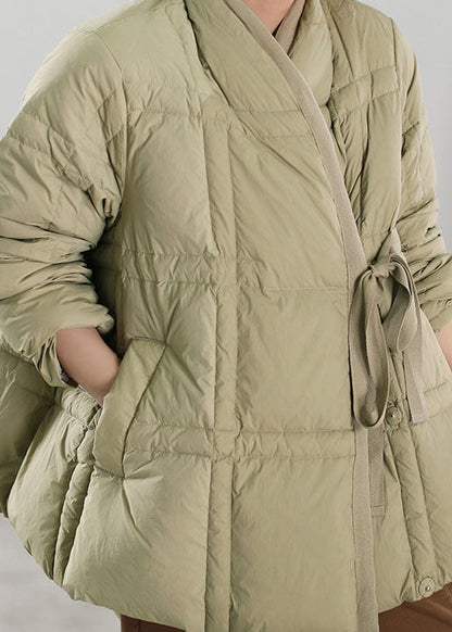 Handmade Red V Neck Tie Waist Duck Down Down Coat Winter