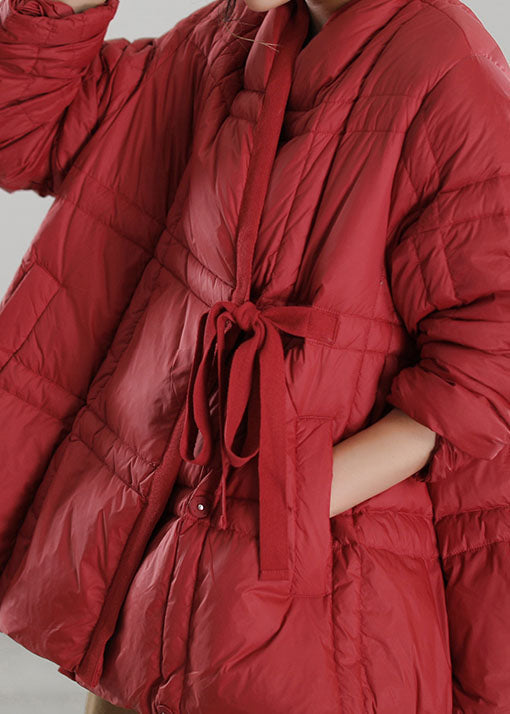 Handmade Red V Neck Tie Waist Duck Down Down Coat Winter
