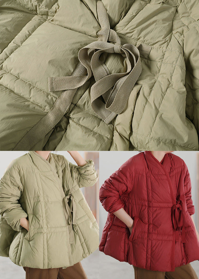 Handmade Red V Neck Tie Waist Duck Down Down Coat Winter