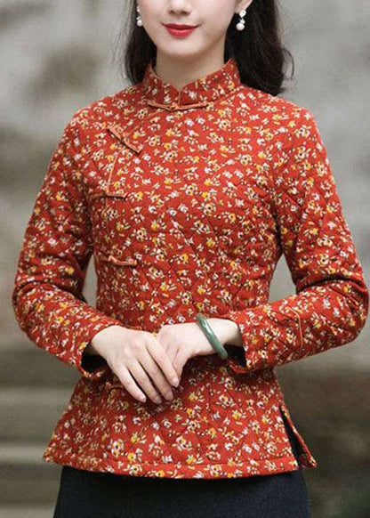 Handmade Red Side Open Stand Collar Button Print Fine Cotton Filled Tops Winter
