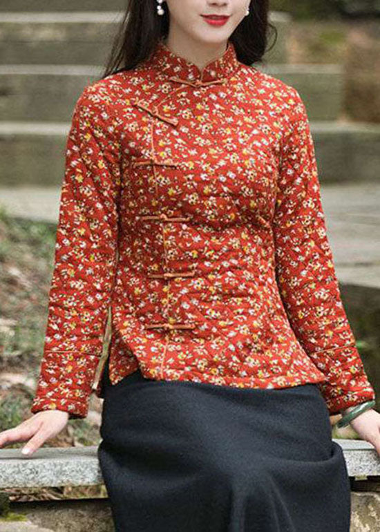 Handmade Red Side Open Stand Collar Button Print Fine Cotton Filled Tops Winter