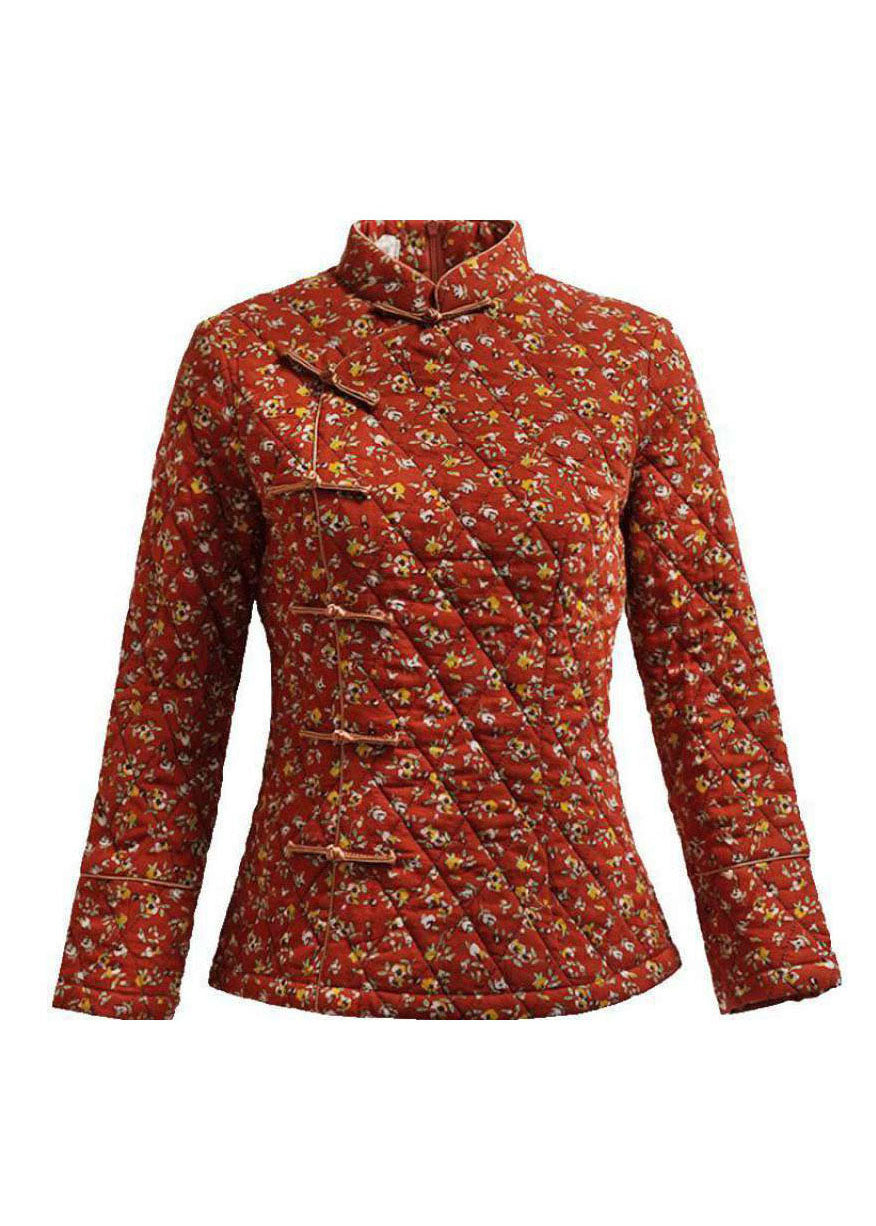 Handmade Red Side Open Stand Collar Button Print Fine Cotton Filled Tops Winter