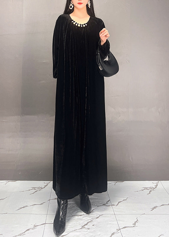 Handmade Rose O-neck Wrinkled Velour Maxi Dresses Spring