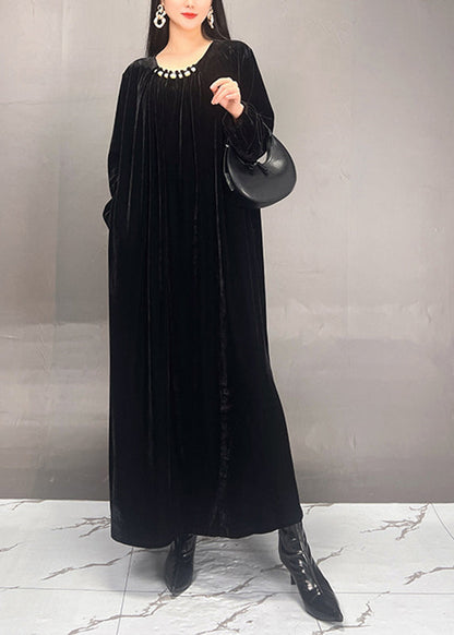 Handmade Rose O-neck Wrinkled Velour Maxi Dresses Spring