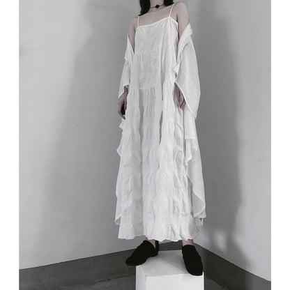 Handmade Spaghetti Strap Wrinkled Dresses Fabrics White Art Dress