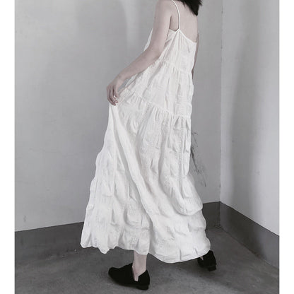 Handmade Spaghetti Strap Wrinkled Dresses Fabrics White Art Dress