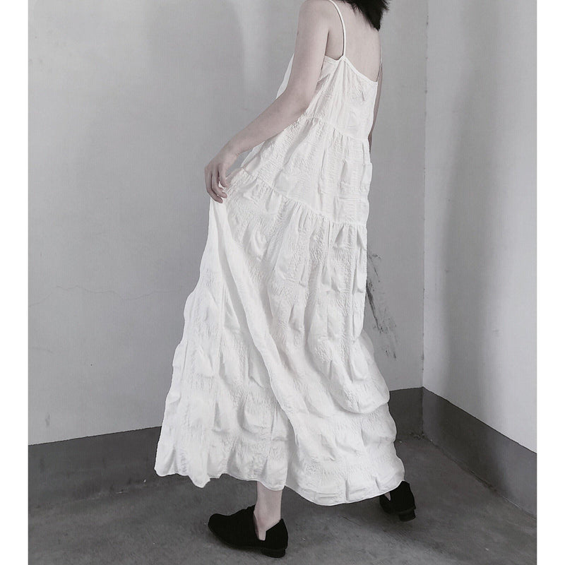 Handmade Spaghetti Strap Wrinkled Dresses Fabrics White Art Dress