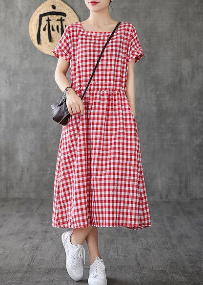 Handmade Square Collar Patchwork Cotton Linen Clothes for Shape Red Plaid Dress Summer