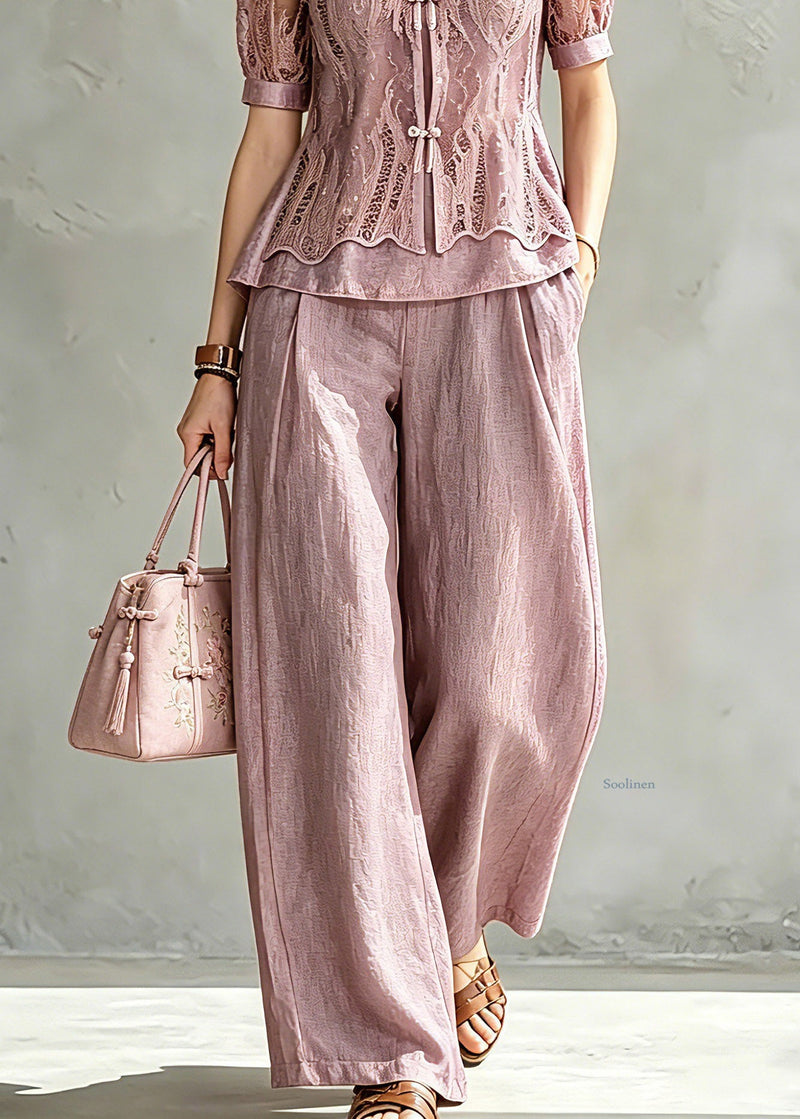 Handmade Stand Collar Lace Patchwork Chiffon Shirt and Wide Leg Pants Two Pieces Set Summer