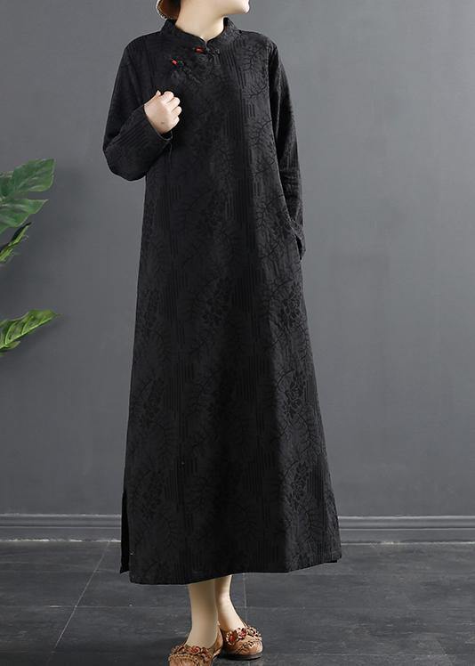 Handmade Stand Collar Quilting Dresses Shape Black Jacquard Traveling Dress