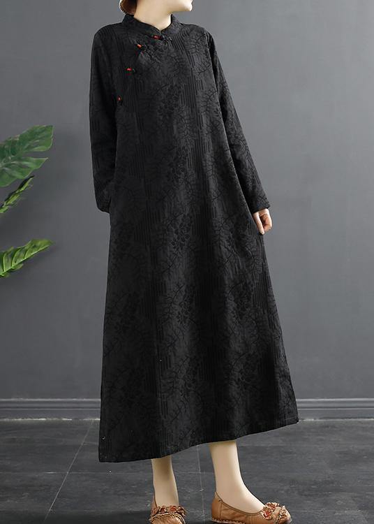 Handmade Stand Collar Quilting Dresses Shape Black Jacquard Traveling Dress