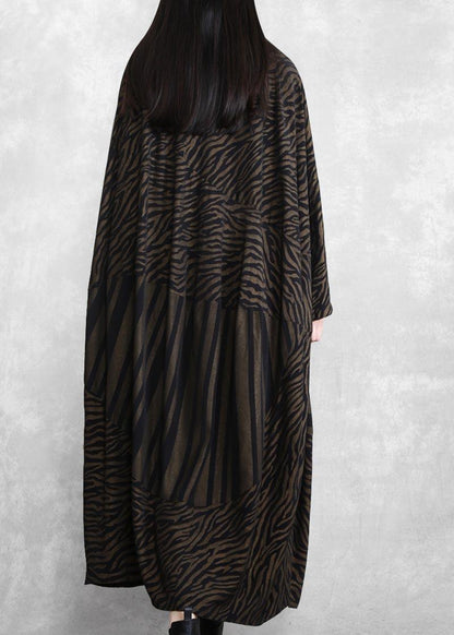 Handmade V Neck Asymmetric Spring Clothes Work Chocolate Striped Robe Dress