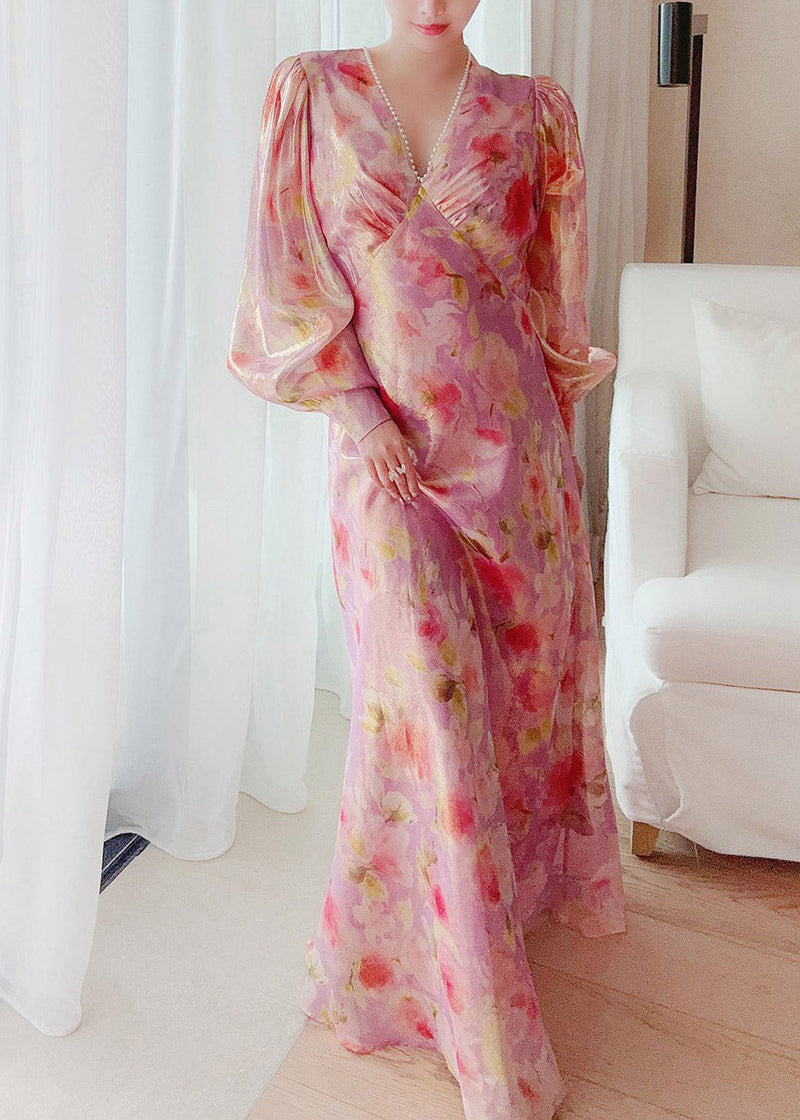 Handmade V Neck Print Nail Bead Silk Maxi Dresses Lantern Sleeve