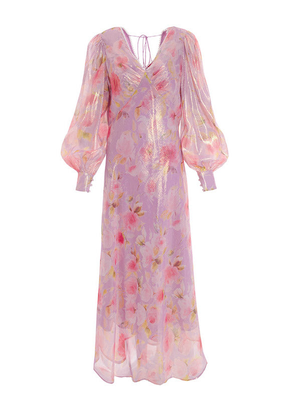 Handmade V Neck Print Nail Bead Silk Maxi Dresses Lantern Sleeve