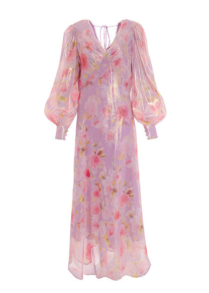 Handmade V Neck Print Nail Bead Silk Maxi Dresses Lantern Sleeve