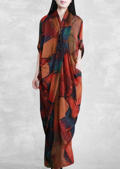 Handmade V Neck Spring Clothes Tutorials Print Robes Dress