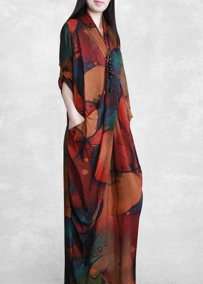 Handmade V Neck Spring Clothes Tutorials Print Robes Dress