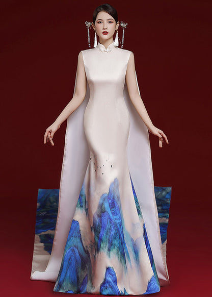 Handmade Beige Print Cape Patchwork Silk Dresses Sleeveless
