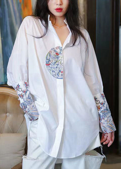 Handmade Vintage White Stand Collar Embroidered Cotton Shirts Top Spring