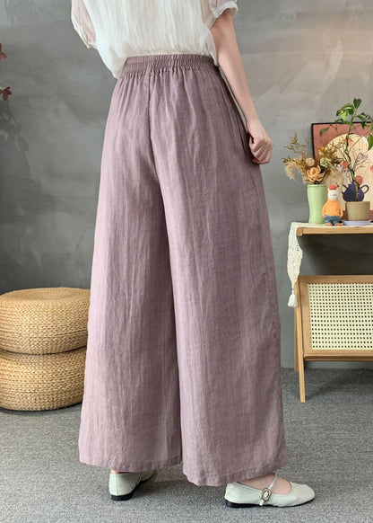Handmade White Elastic Waist Tie Waist Linen Wide Leg Pants Summer
