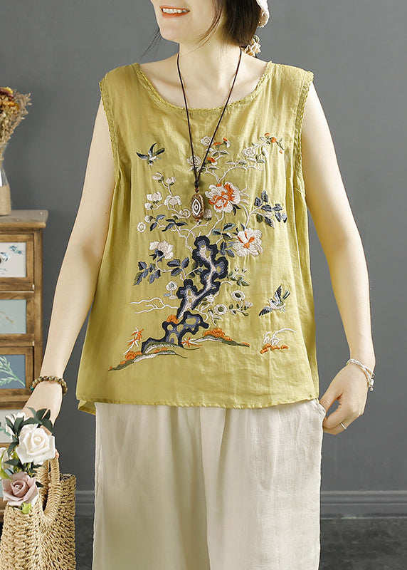 Handmade White O-neck Bird Embroidered Linen Tank Sleeveless